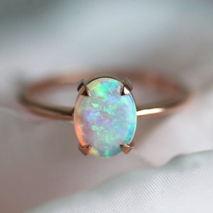 Solitaire Opal Engagement Ring, Australian Opal Ring in Rose Gold, Dainty Rose Gold Ring, 14k 18k