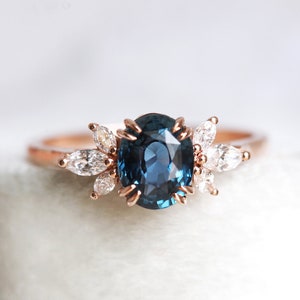 Oval Blue Sapphire Diamond Ring, Blue Sapphire Engagement Ring with Side Diamonds, Oval Cut Sapphire Ring image 1