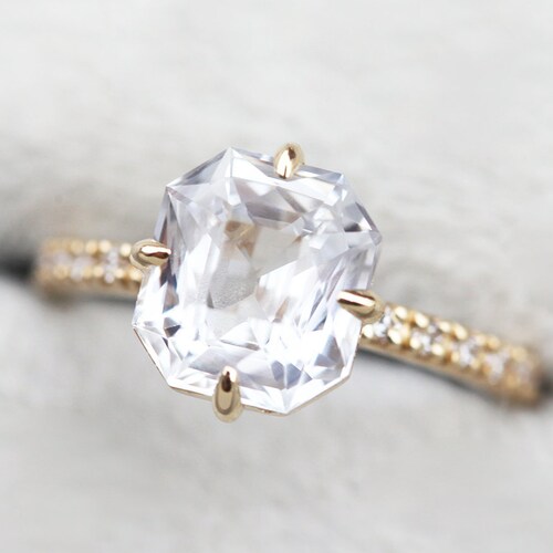 White Sapphire Ring Sapphire Engagement Ring Radiant Cut Etsy