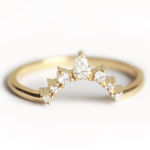 Diamond Nesting Band in 14k Solid Gold with Prong Set Round & Pear Stones, Curved Matching Wedding Ring