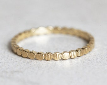 Gold wedding band, Simple beaded ring, Thin textured band, Dainty stacking ring, Delicate gold ring