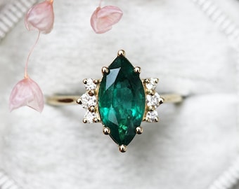 Genuine Emerald Ring, Diamond Emerald Engagement Ring, Emerald Diamond Ring, Yellow Gold Natural Emerald Marquise Cut