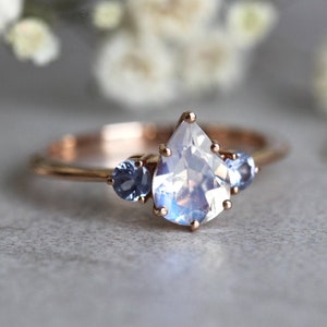Moonstone Engagement Ring Rose Gold, Sapphire and Moonstone Engagement Ring, Three Gemstone Ring, June Ring, 14k / 18k / Platinum