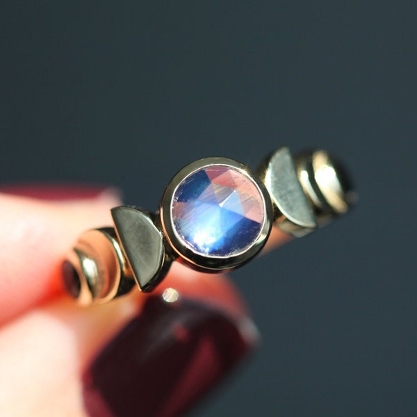 Moonstone Moon Phase Ring with Spinels, Gold Moon phase ring, Unique moonstone galaxy ring