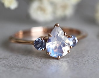 Moonstone Engagement Ring Rose Gold, Sapphire and Moonstone Engagement Ring, Three Gemstone Ring, June Ring, 14k / 18k / Platinum