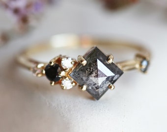 Salt & pepper diamond ring, Cluster engagement ring, Galaxy diamond ring, Square cut gray ring