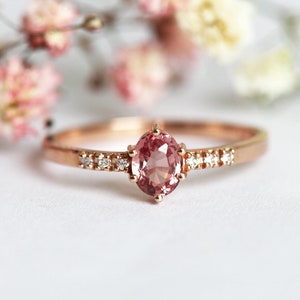 Padparadscha Sapphire Ring Rose Gold, Peach Sapphire Ring With Diamonds, Simple Sapphire Ring image 1