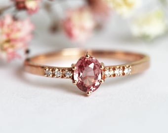 Padparadscha Sapphire Ring Rose Gold, Peach Sapphire Ring With Diamonds, Simple Sapphire Ring