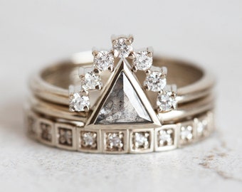 Rustic Diamond Ring Set, Salt Pepper Triangle Diamond Ring White Gold. Stacking Engagement Set, White Gold Stacking Rings