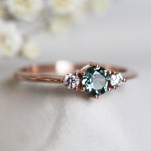 Tourmaline engagement ring, Three stone diamond ring, Green wedding ring, Dainty mint gemstone ring