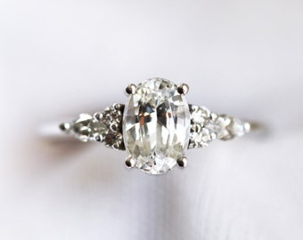 White Sapphire Diamond Ring, White Sapphire Engagement Ring Oval Cut, Gold diamond ring 1.5ct White sapphire ring