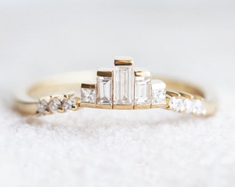 Baguette diamond matching band, Artdeco diamond ring, Curved diamond band