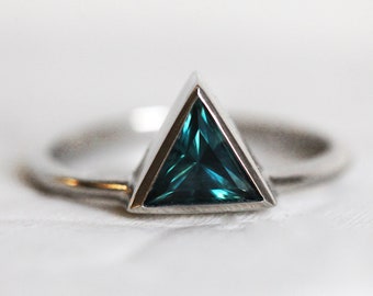 Teal Triangle Sapphire Ring, Platinum Sapphire Engagement Ring, Minimalist Geometric Sapphire Wedding Ring