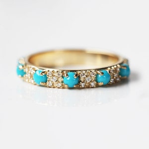 Round Turquoise & Diamond Wedding Band, Half or Full Eternity Band, Unique Wedding Ring in 18k Solid Gold