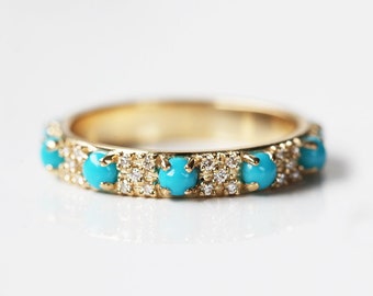Round Turquoise & Diamond Wedding Band, Half or Full Eternity Band, Unique Wedding Ring in 18k Solid Gold