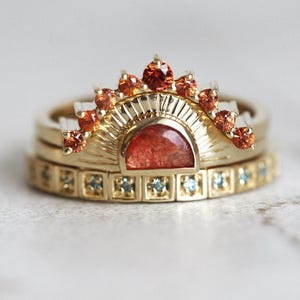 Unique engagement ring set, Sunset ring set, Sunstone, sapphire & diamond ring set, Boho engagement rings