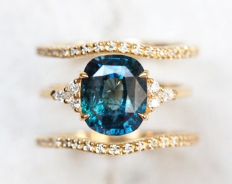 3ct Cushion Sapphire Ring, Teal Sapphire Cushion Engagement Ring, Green Blue Sapphire Ring with side diamonds