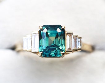 3ct Radiant Sapphire Ring, Art deco engagement ring with baguette diamonds