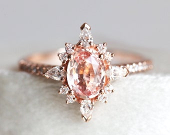Peach Sappphire Engagement Ring, Oval Sapphire Diamond Engagement Ring, Sapphire Diamond Ring by Minimalvs
