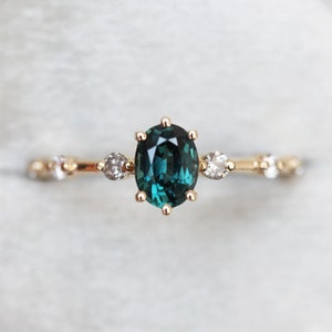 Teal sapphire ring, Peacock engagement ring, Ceylon sapphire diamond ring, Oval blue ring