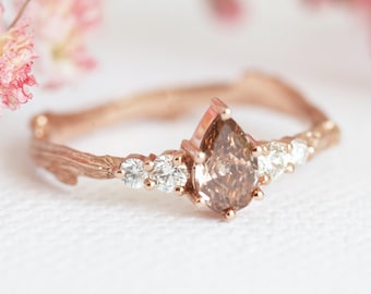 Unique Champagne Diamond Ring, Pear Diamond Ring, Rose Gold Diamond Engagement Ring with Diamond, Five diamond Ring ooak