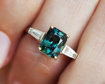 Radiant Sapphire Engagement Ring, Baguette Diamond Ring with Teal Sapphire, Green Blue Sapphire Ring, Three Stone Engagement Ring