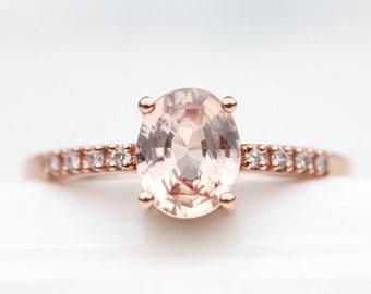 Oval Sapphire Ring, Peach Sapphire Engagement Ring, Simple Sapphire Wedding Ring, Sapphire Ring with pave diamond band