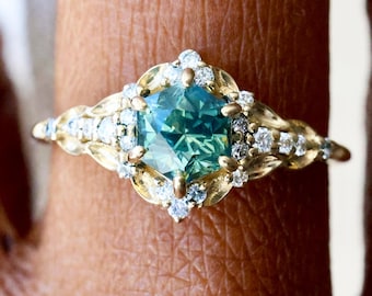 Hexagon mint sapphire diamond ring, leaf sapphire engagement ring