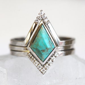 Turquoise Engagement Ring Set, Kite Turquoise And Diamond Ring Set, Bohemian Three Ring Set