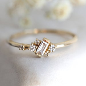 Mini Cluster Ring, Asymmetrical Sideways Baguette diamond ring in 14k 18k Gold, Origial design by Minimalvs