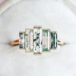 Art deco engagement ring, Moss agate ring, Baguette cut ring, Unique green ring image 1