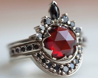 Blood Moon Red Garnet Ring With Black Diamond Band, Black Diamond and Garnet Ring Set, Alternative Bridal Set