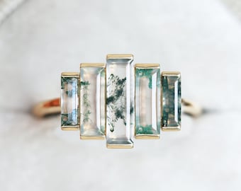 Art deco engagement ring, Moss agate ring, Baguette cut ring, Unique green ring