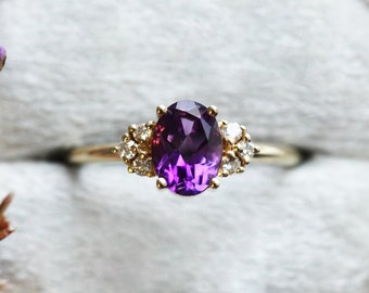 Amethyst Cluster Ring, Purple Engagement Ring, Amethyst Engagement Ring, Amethyst Diamond Ring by Minimalvs