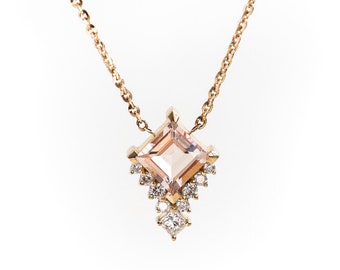 Morganite diamond necklace, Diamond cluster necklace 14k rose yellow gold