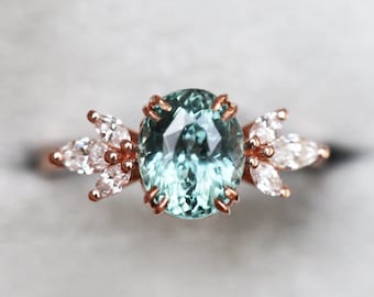 Sapphire engagement ring, Teal green sapphire ring, Mint gemstone & diamonds, Double claw prongs