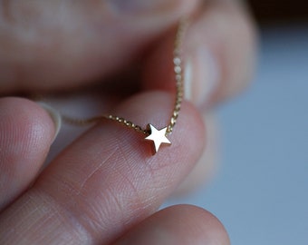 Petite Star Necklace, 14k or 18k Solid Gold Diamond Cut Chain & Tiny 4mm Star Pendant Necklace by MinimalVS