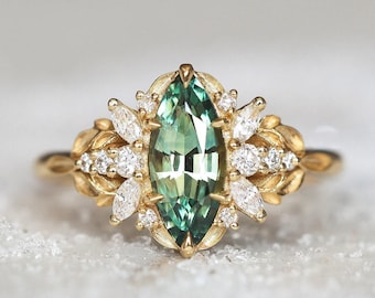 Bronte leaf marquise sapphire ring with accent diamonds, Fairy ring whimsical engagement