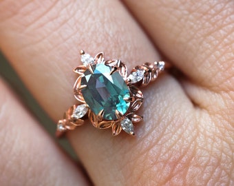 Enya Teal sapphire engagement ring, Fantasy peacock sapphire leaf diamond ring