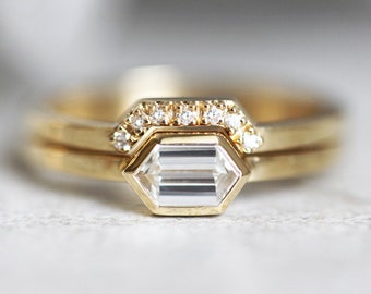 Hexagon Diamond Ring, Modern Diamond Ring Set, Hexagon Diamond Solitaire, 18k Gold Diamond Set, Geometric Diamond