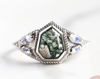 Moss agate ring, Moonstone moss agate engagement ring 14k 18k rose white yellow gold