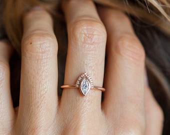 Marquise Diamond Ring with Pave Diamond Crown in Rose Gold, Modern and Unique Diamond Engagement Ring