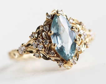 Elara leaf marquise sapphire ring with accent diamonds, Fairy ring whimsical engagement