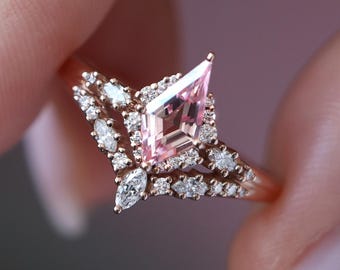 Kite peach pink lab sapphire ring