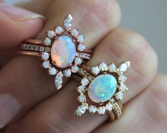 Australian Opal Ring Set, Opal Engagement Ring with Diamonds, Rose Gold Rainbow Opal Ring set with Oval Opal Ring