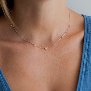 Gold diamond necklace, Station solitaire diamonds necklace, Simple wedding necklace, Dainty necklace image 5