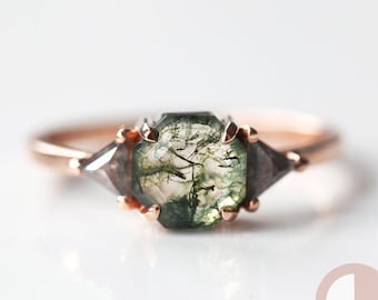 Moss agate & salt pepper diamond ring, Geometric engagement ring, Green gemstone ring