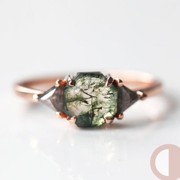 Moss agate & salt pepper diamond ring, Geometric engagement ring, Green gemstone ring