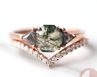 Moss agate engagement ring set, Octagon moss agate ring with side salt pepper triangle diamonds, Chevron diamond band 14k 18k