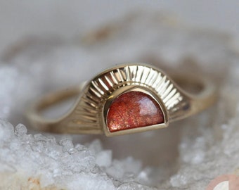 Sunset ring, Sunstone engagement ring, Gold sunrise ring, Bohemian sun ring, Half moon ring